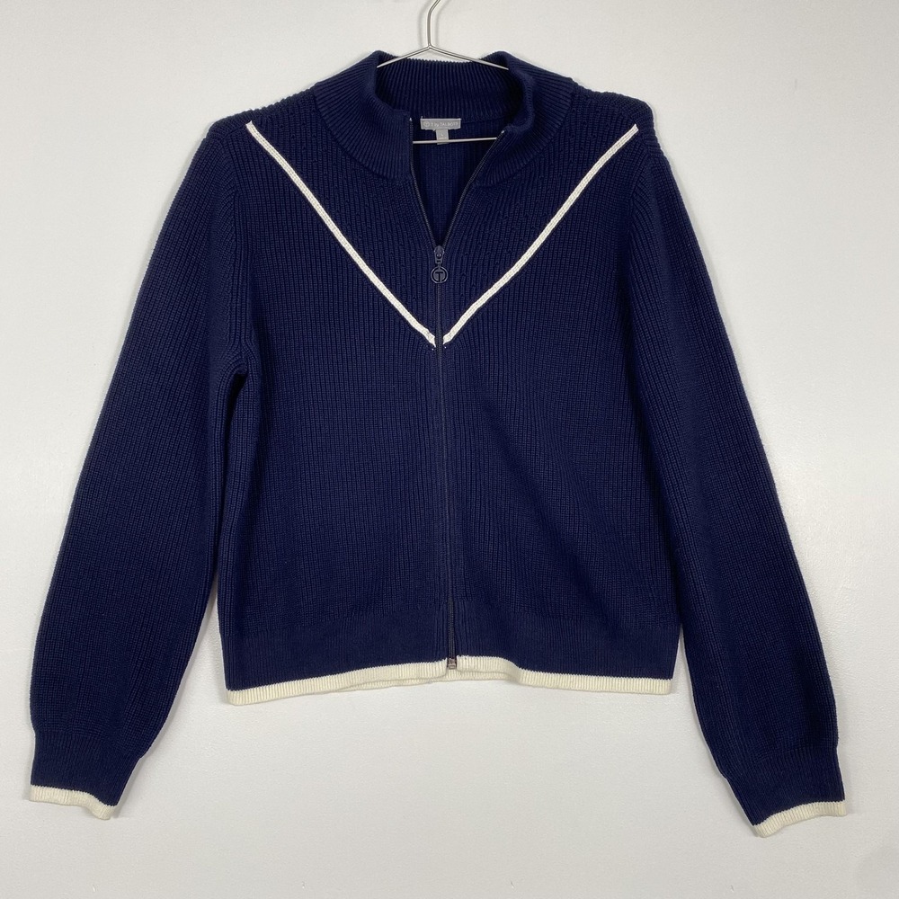 Talbots Cardigan Sweater Womens Large Blue Full Zip Mock Neck Contrast Knit‎